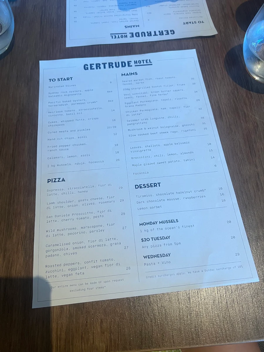 Menu, The Gertrude Hotel