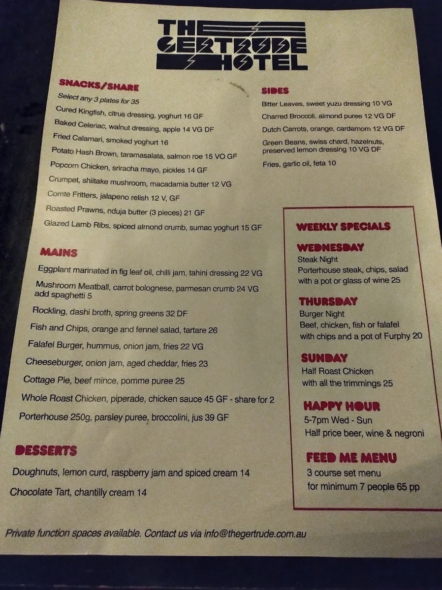 Menu, The Gertrude Hotel