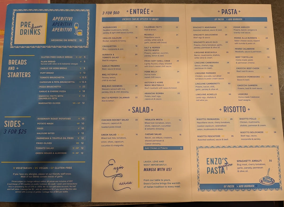Menu, Enzos Cucina Kemps Creek