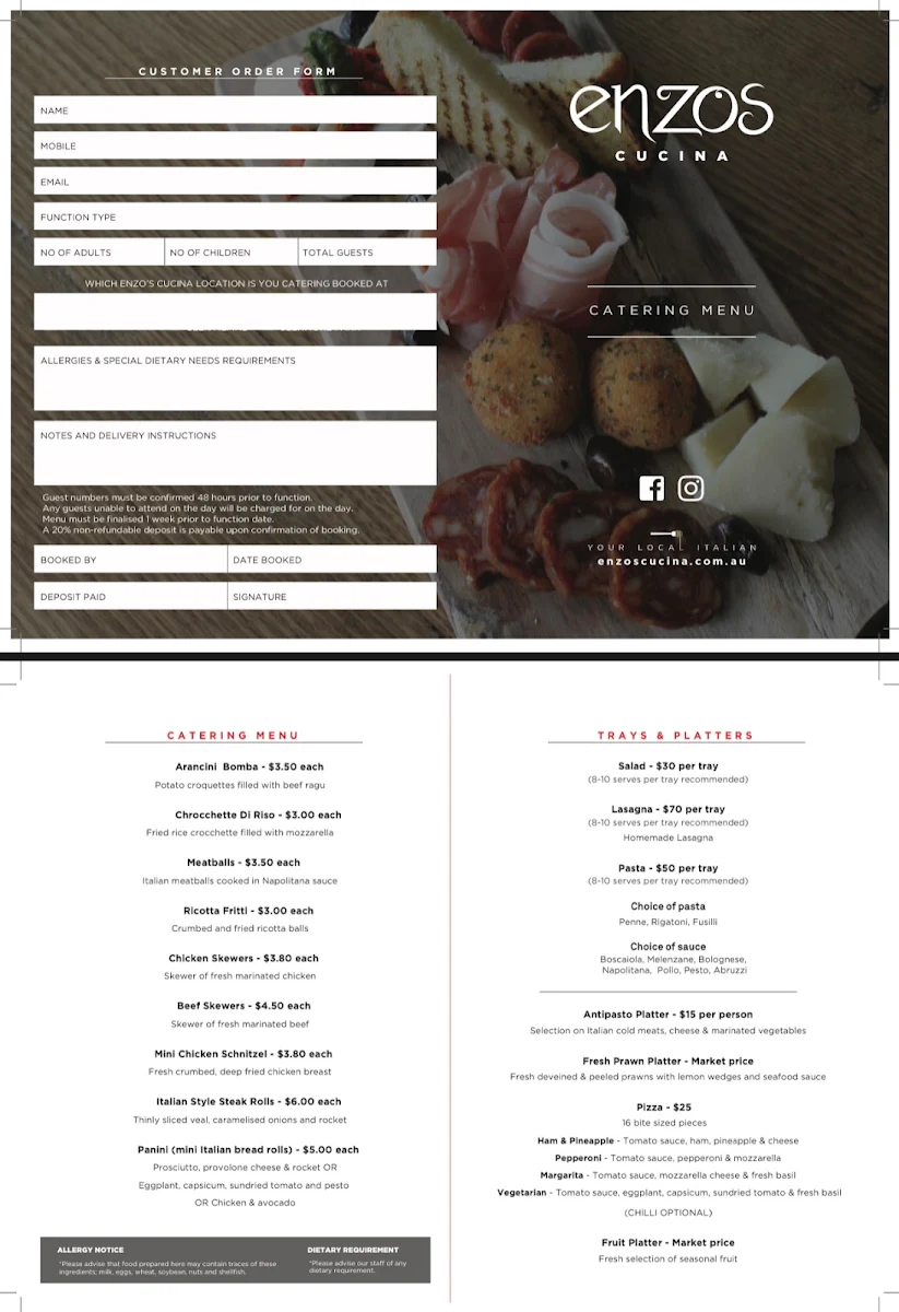 Menu, Enzos Cucina Kemps Creek