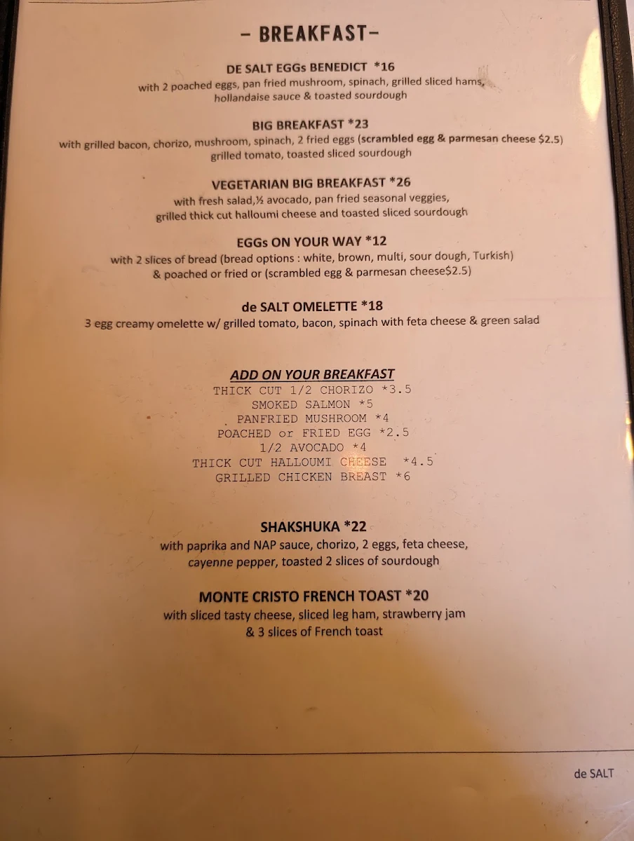Menu, De Salt Cafe & restaurant