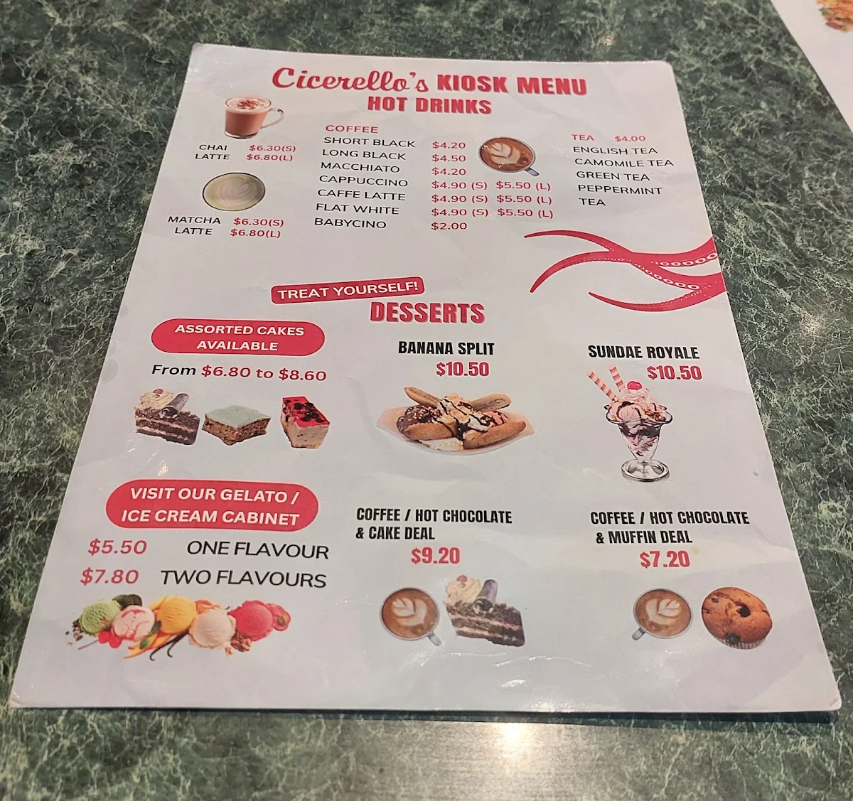 Menu, Cicerello's Mandurah
