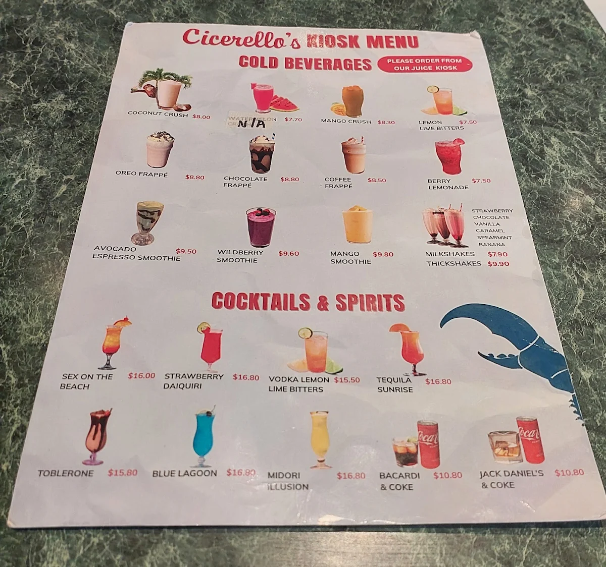 Menu, Cicerello's Mandurah