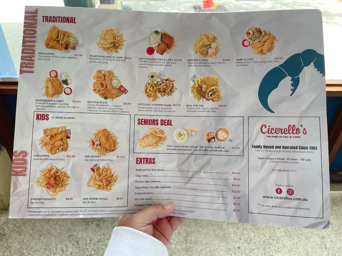 Menu, Cicerello's Mandurah