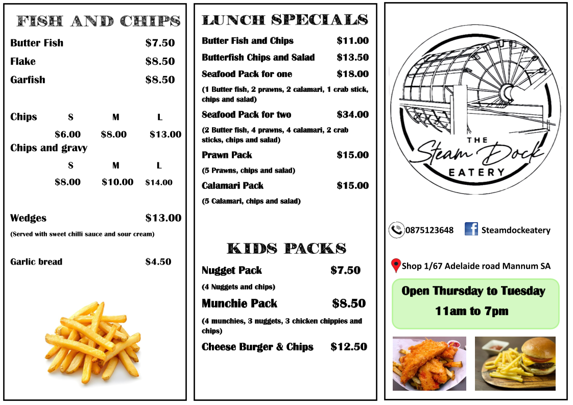 Menu, Steam Dock Eatery