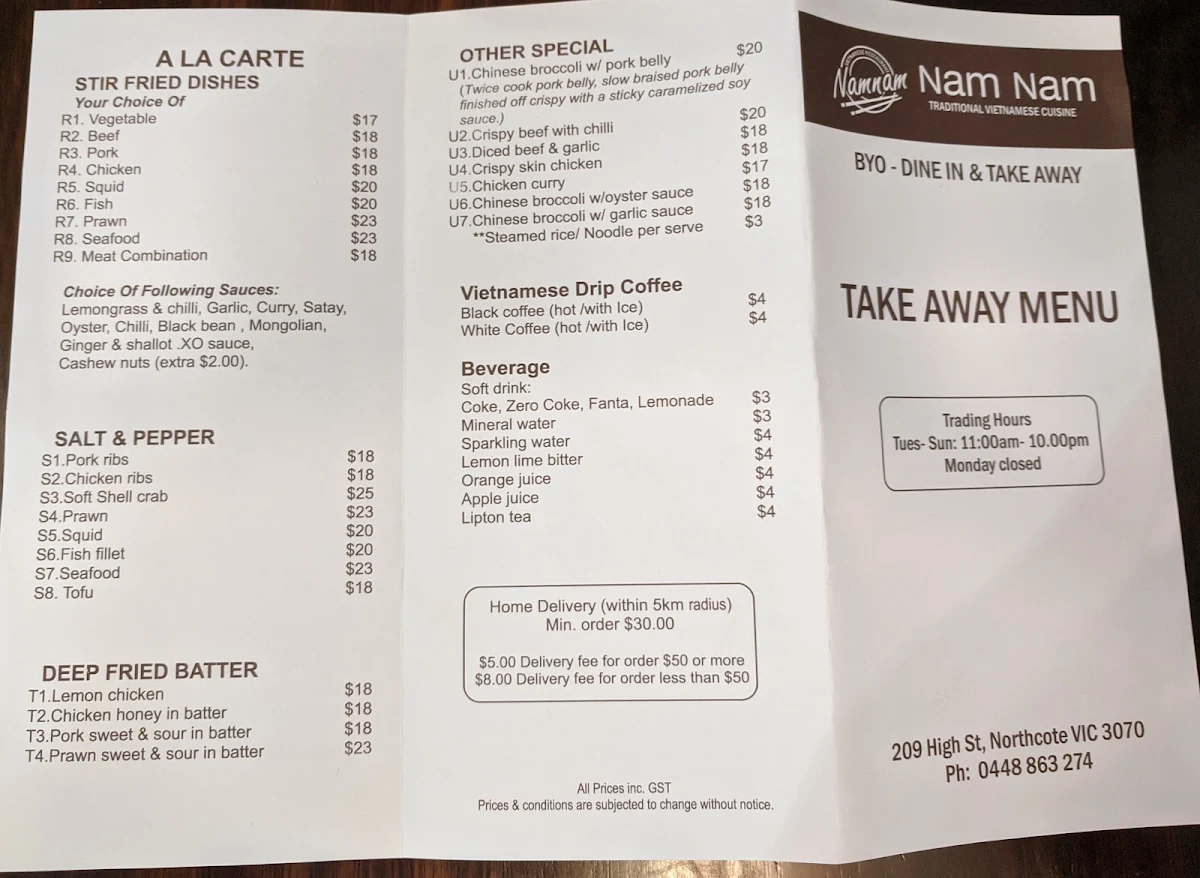 Menu, Nam Nam