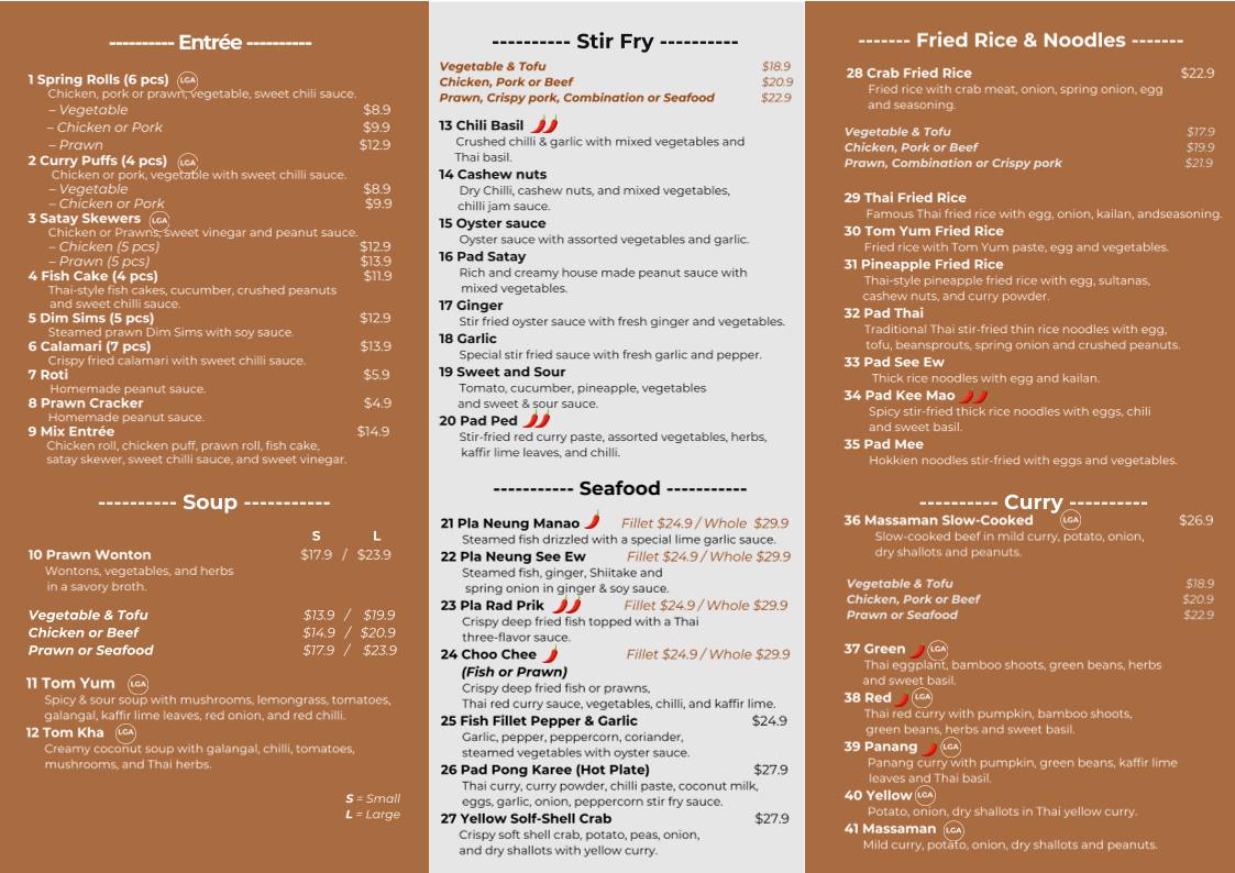 Menu, Towerhill Thai Restaurant and Cafe