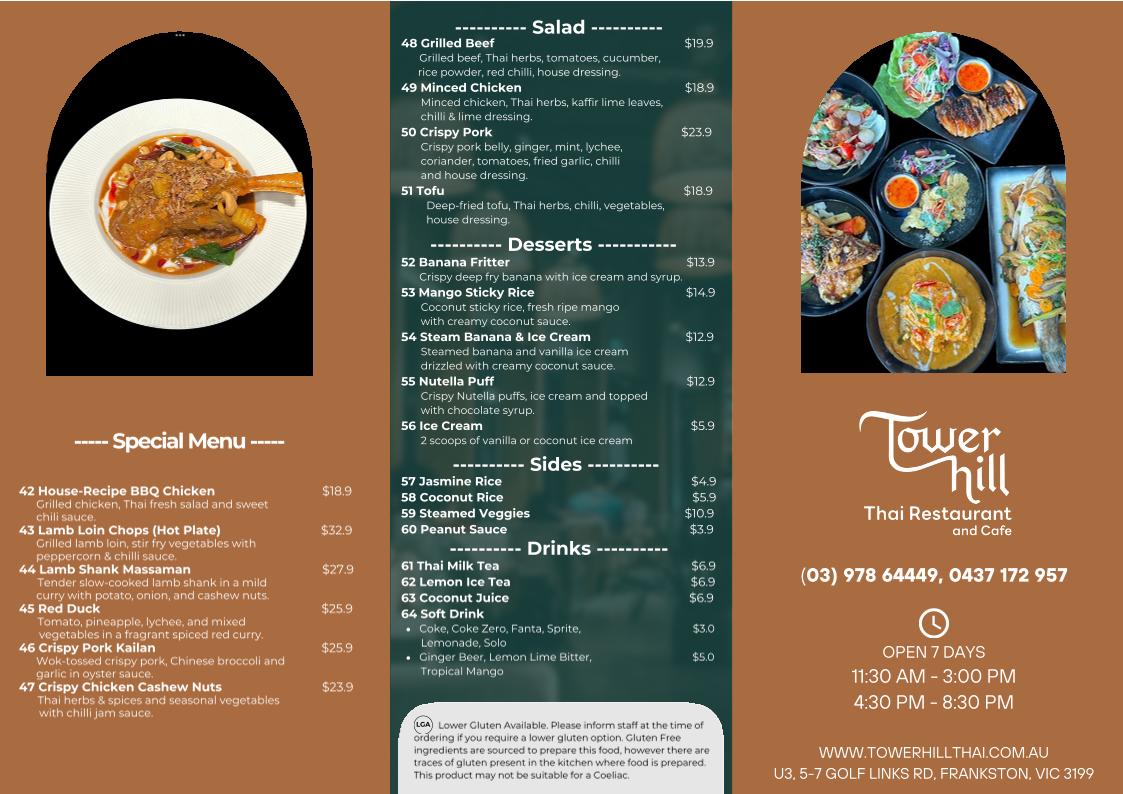 Menu, Towerhill Thai Restaurant and Cafe