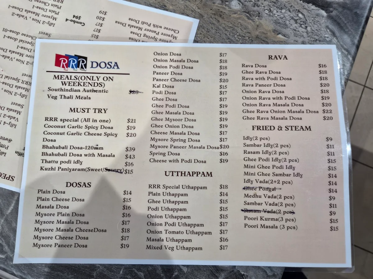 Menu, RRR DOSA BLACKTOWN 100% PURE VEGETARIAN