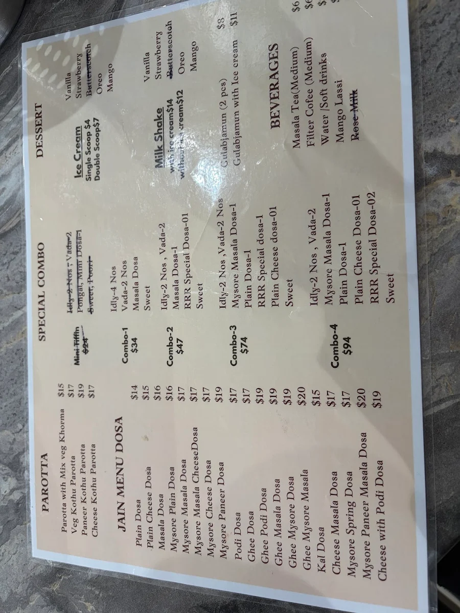 Menu, RRR DOSA BLACKTOWN 100% PURE VEGETARIAN