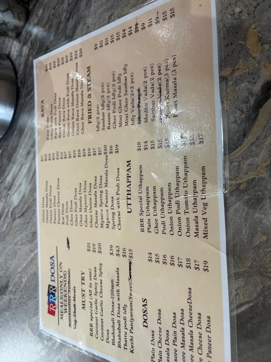 Menu, RRR DOSA BLACKTOWN 100% PURE VEGETARIAN