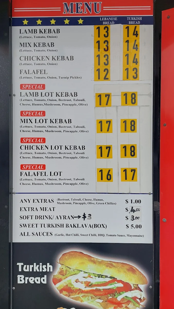 Menu, Five Star Kebabs