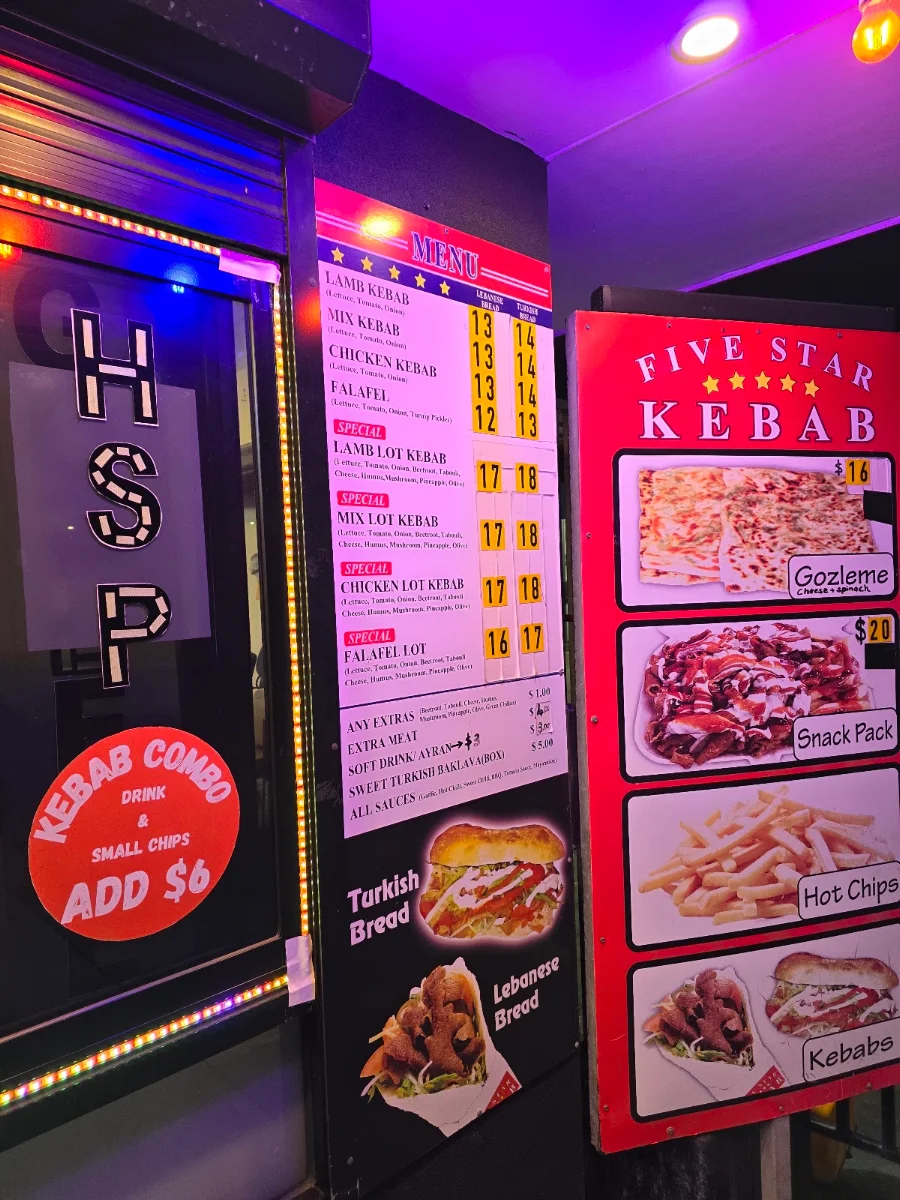 Menu, Five Star Kebabs