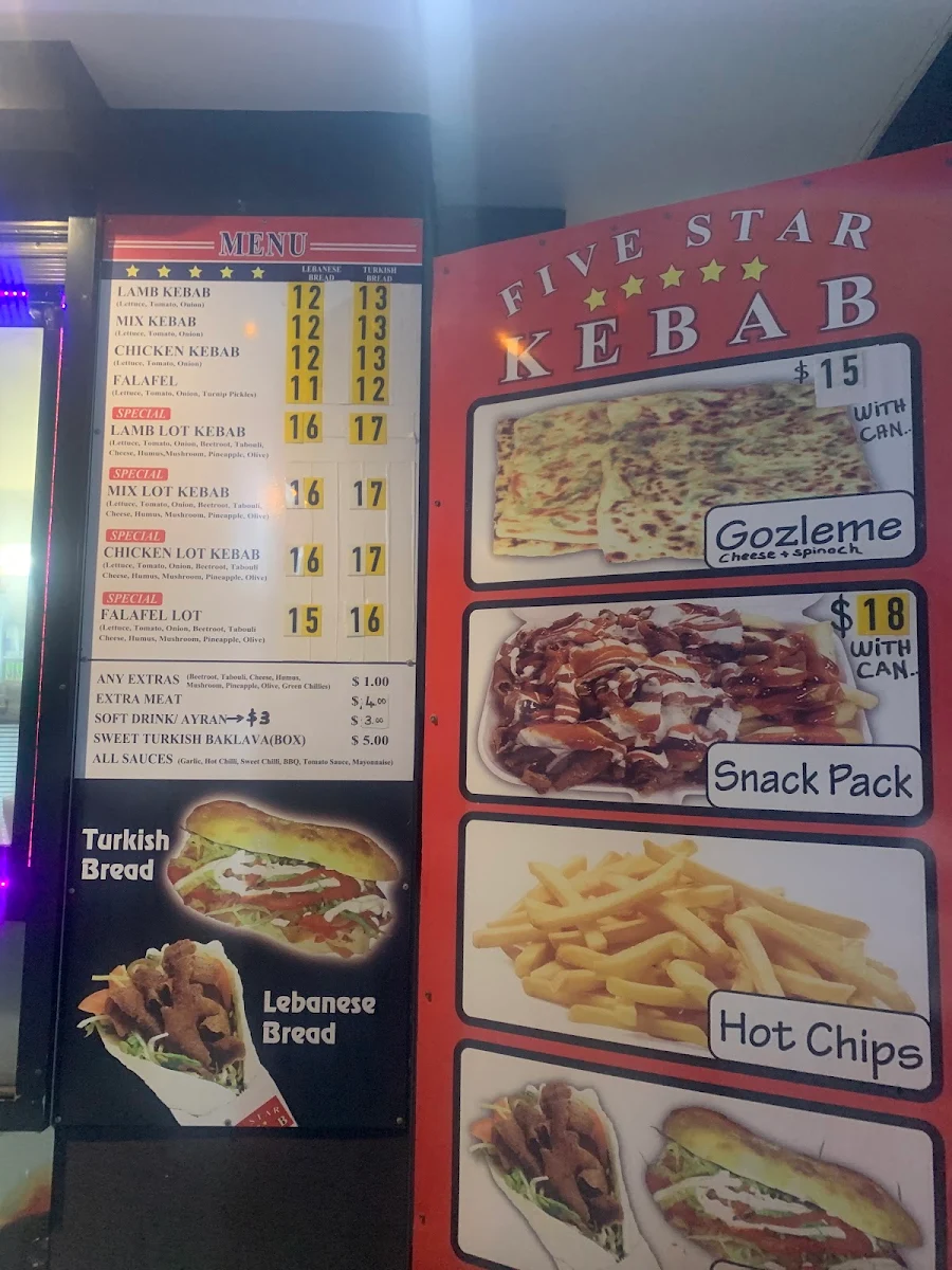 Menu, Five Star Kebabs