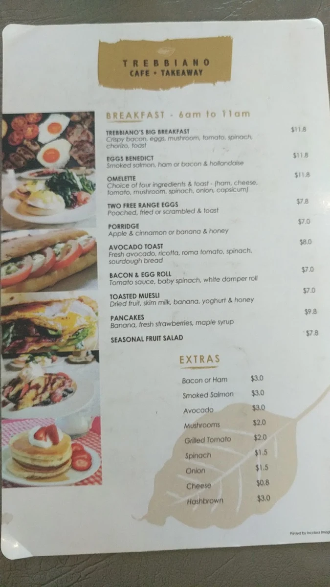 Menu, Cafe Trebbiano