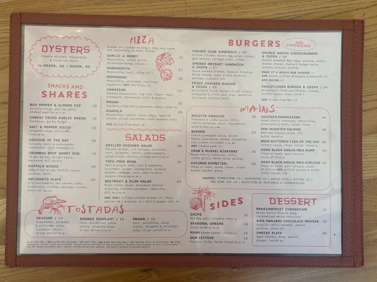 Menu, Beach Bar & Dining