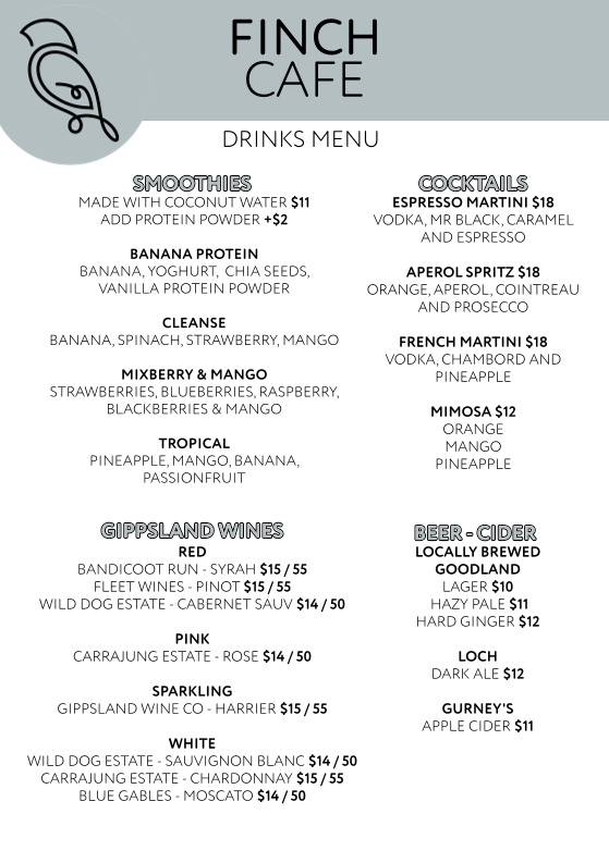 Menu, Finch Cafe
