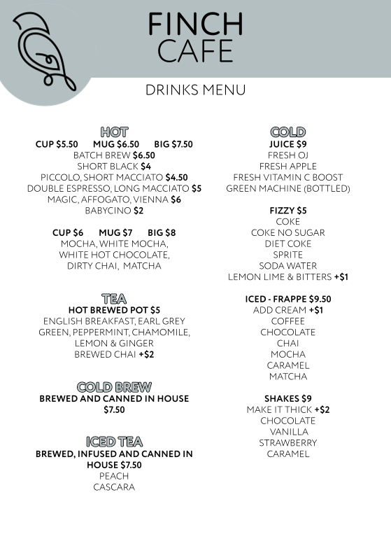 Menu, Finch Cafe
