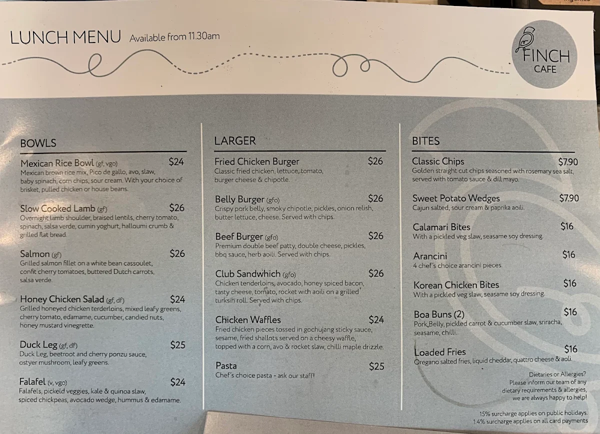 Menu, Finch Cafe