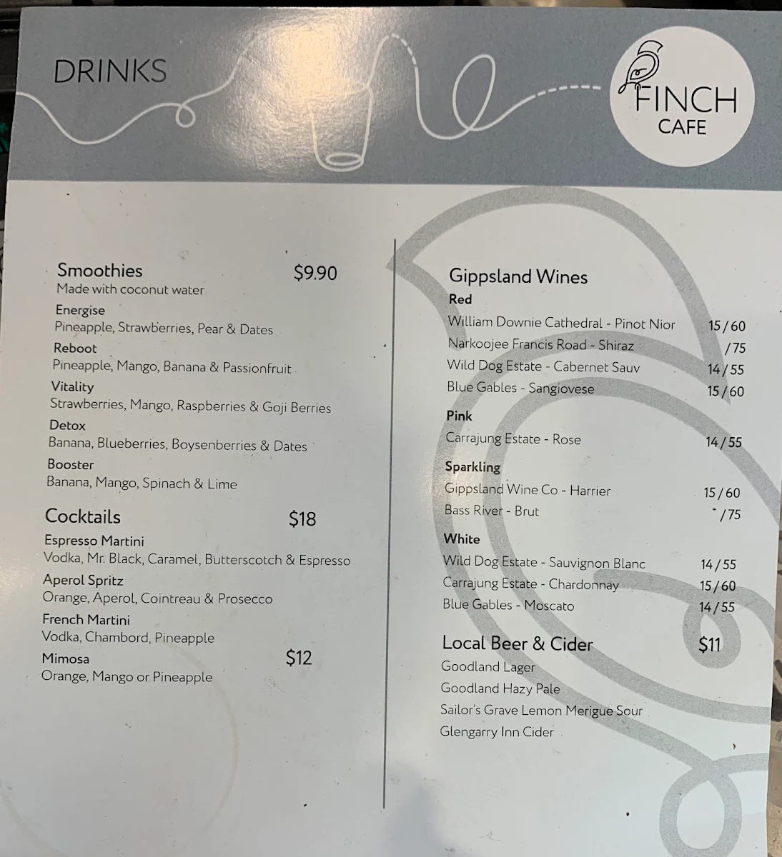 Menu, Finch Cafe