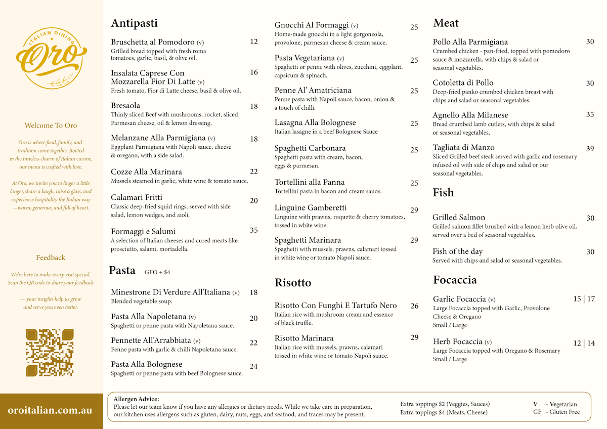 Menu, ORO Italian Dining