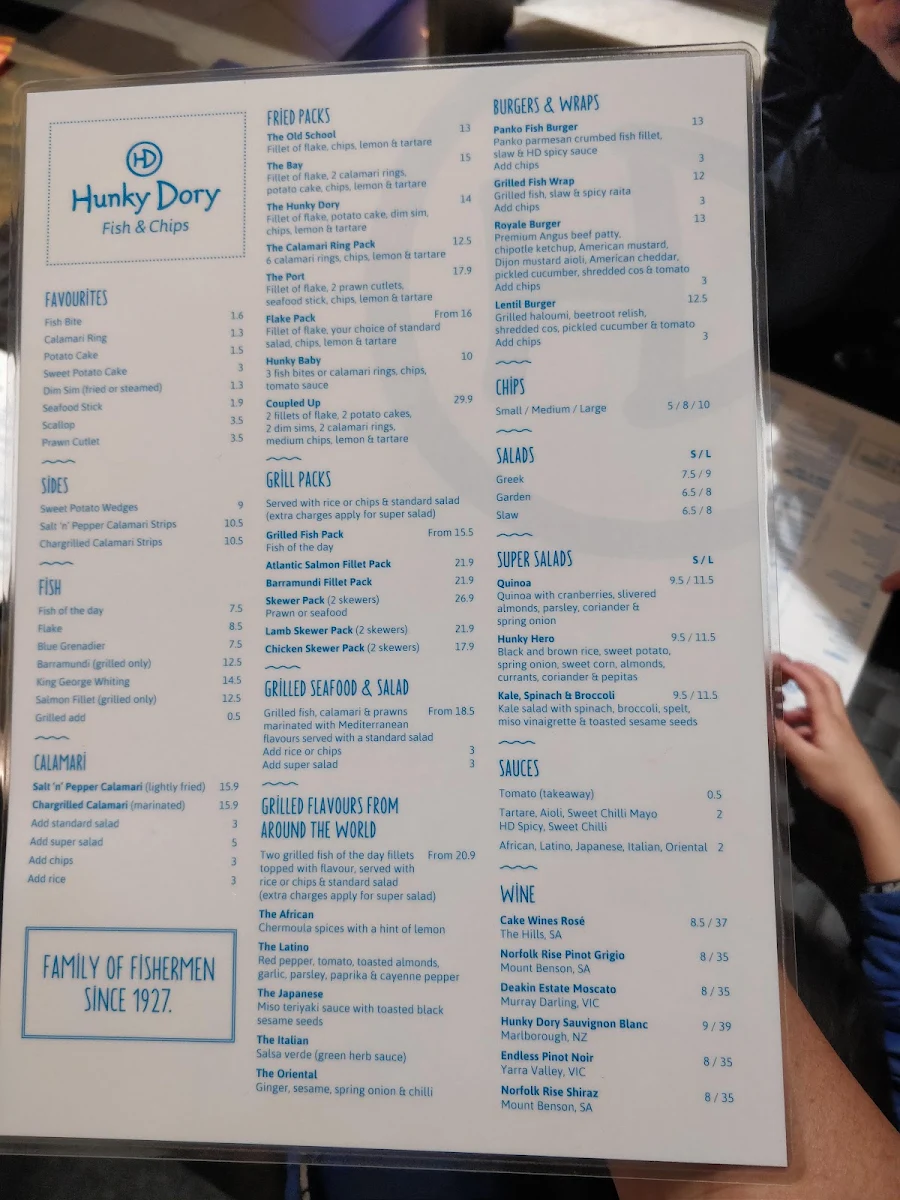 Menu, Hunky Dory Fish & Chips Highett