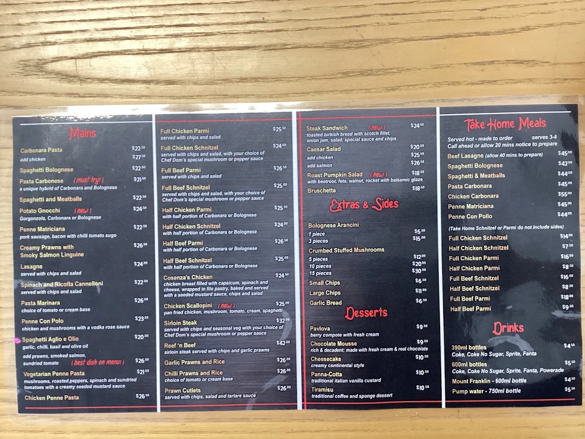 Menu, Cosenza’s Kitchen