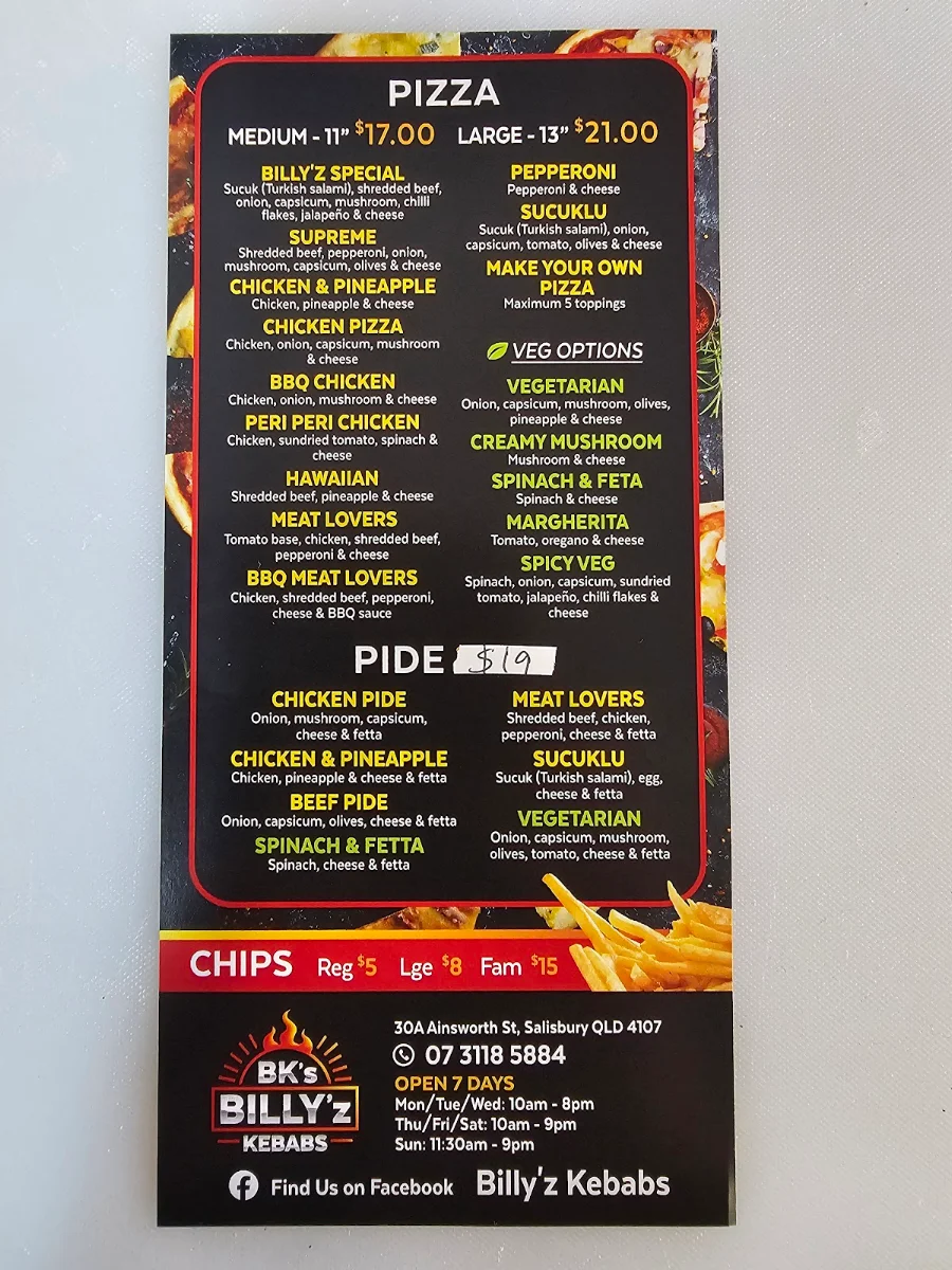 Menu, Billy'z Kebabs