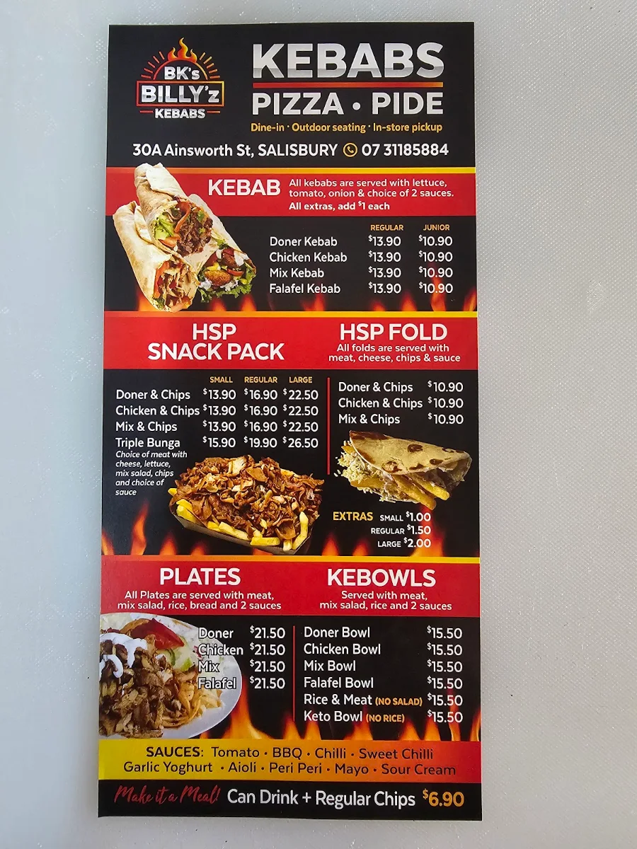 Menu, Billy'z Kebabs