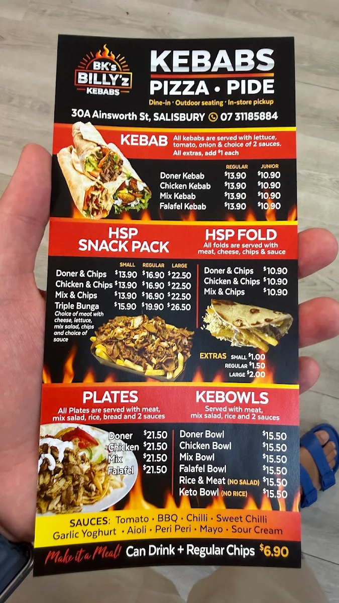 Menu, Billy'z Kebabs