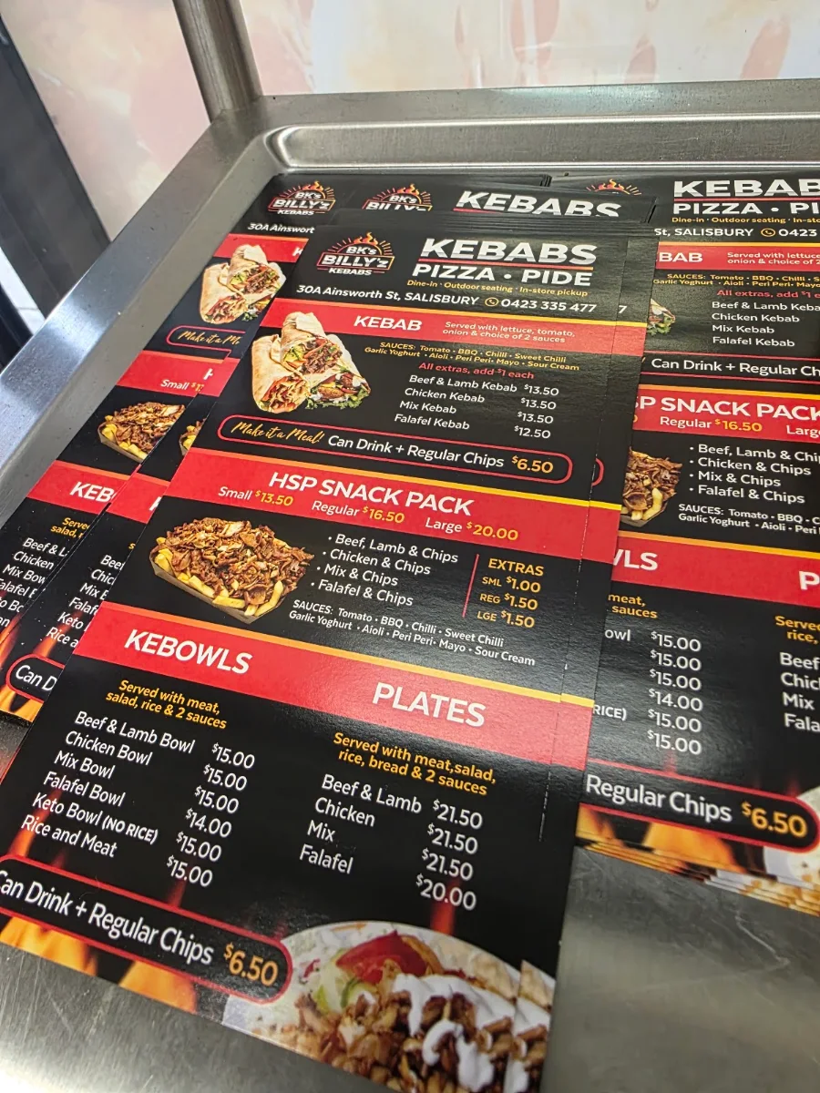 Menu, Billy'z Kebabs