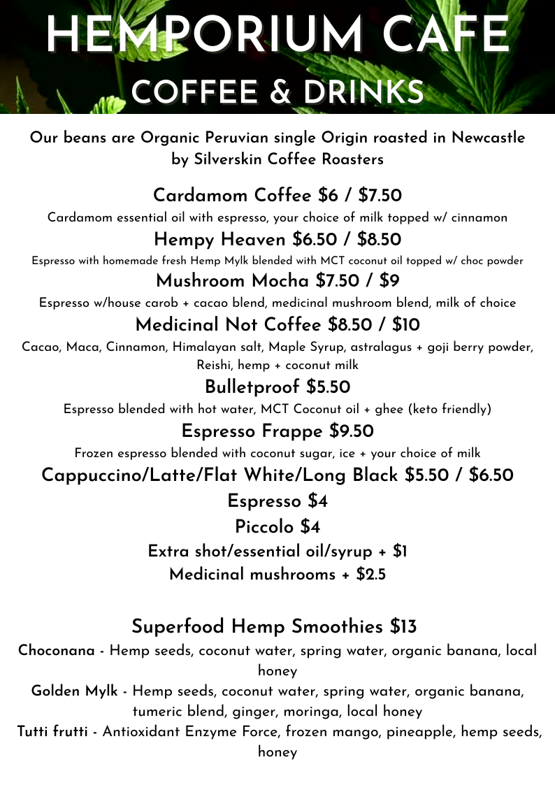 Menu, The Hemporium Cafe