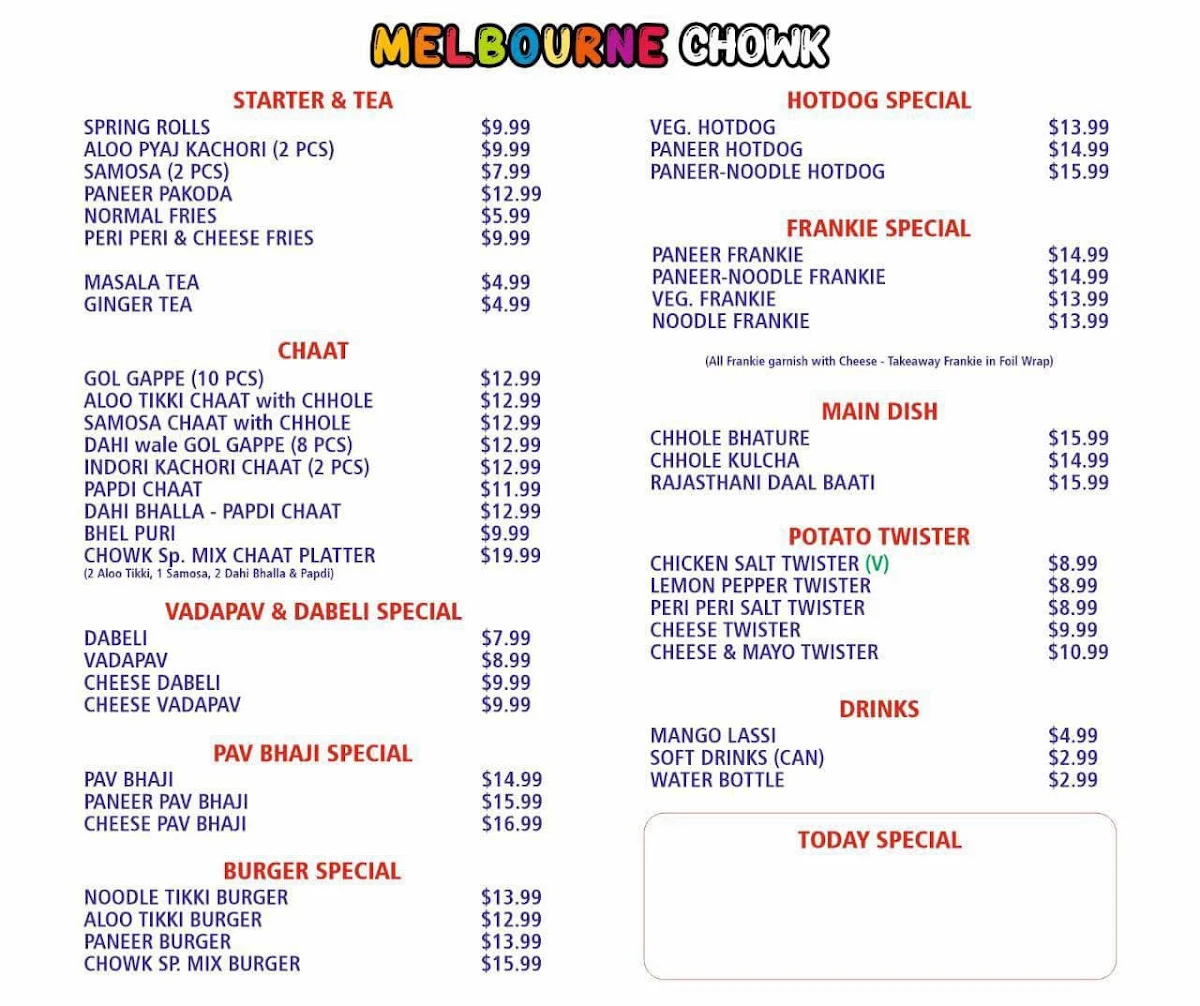 Menu, Melbourne CHOWK - Cragieburn