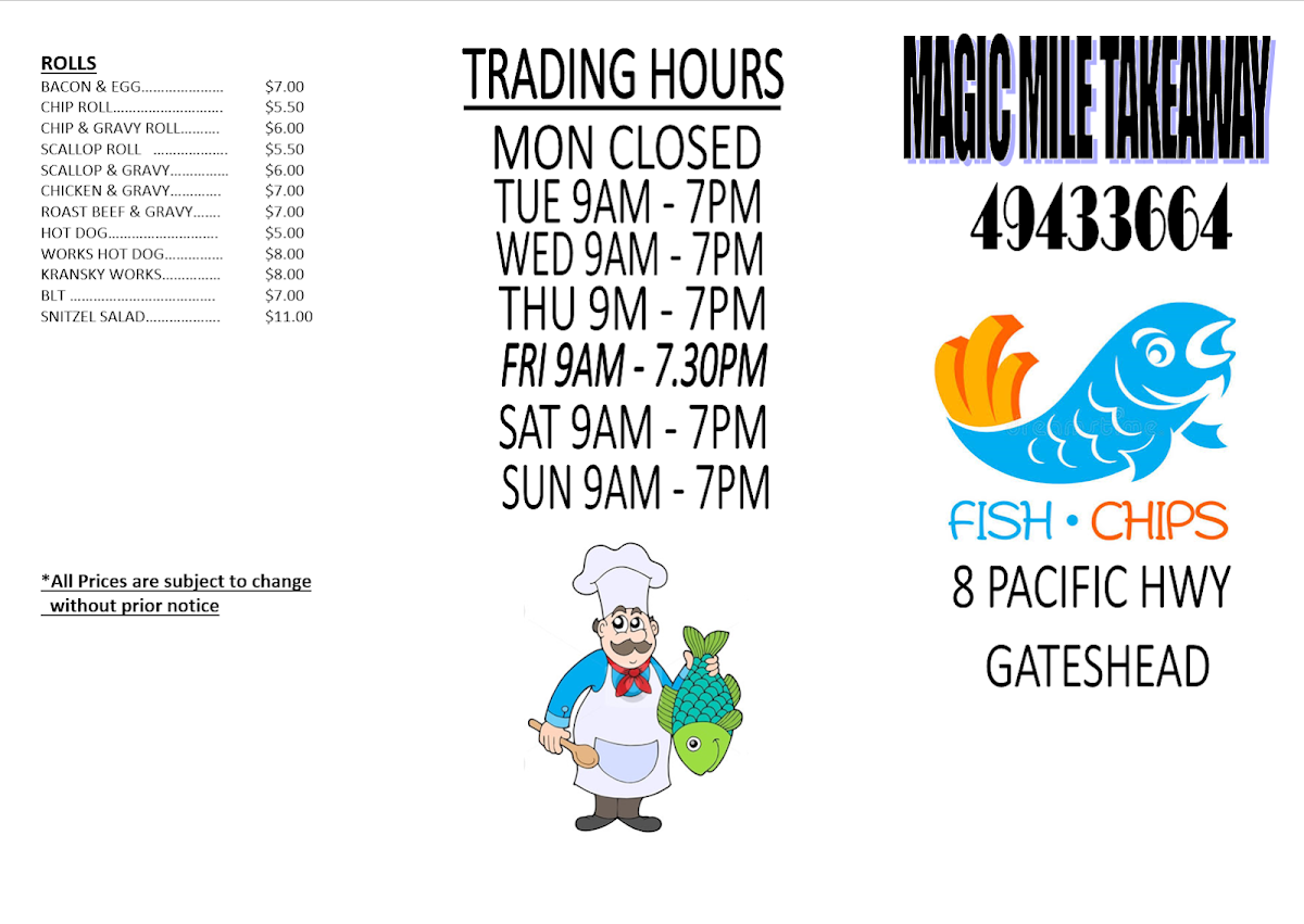 Menu, Magic Mile Takeaway
