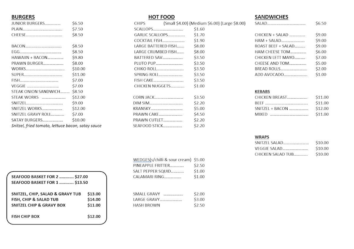 Menu, Magic Mile Takeaway
