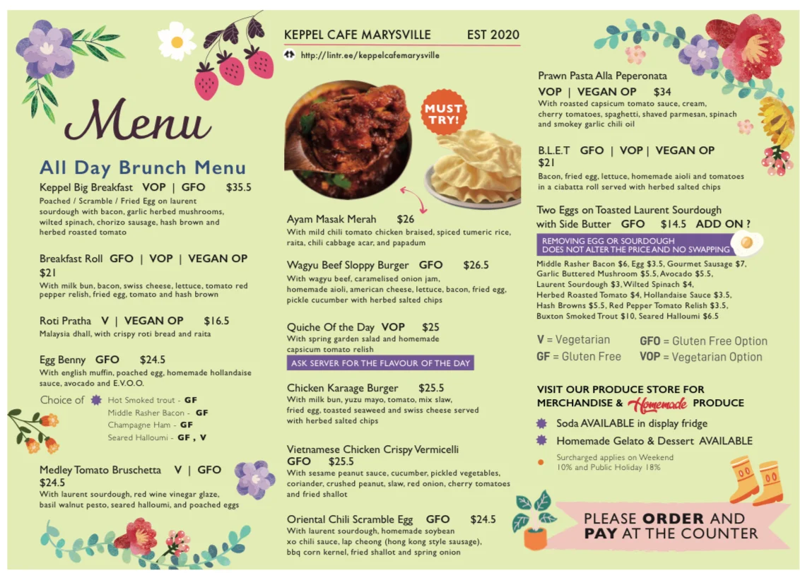 Menu, Keppel Cafe Marysville