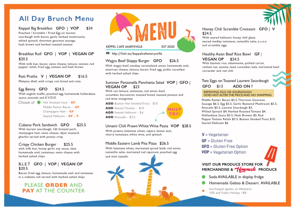 Menu, Keppel Cafe Marysville