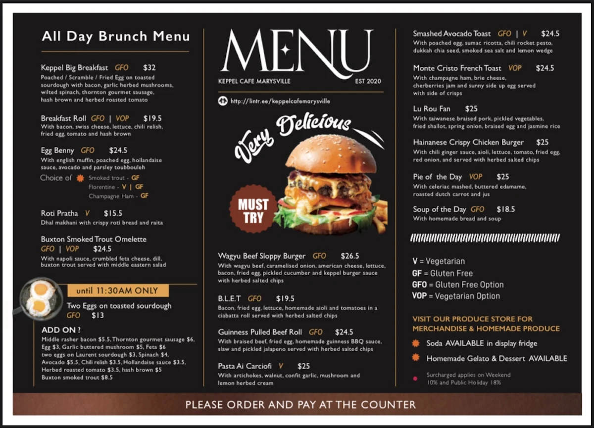 Menu, Keppel Cafe Marysville