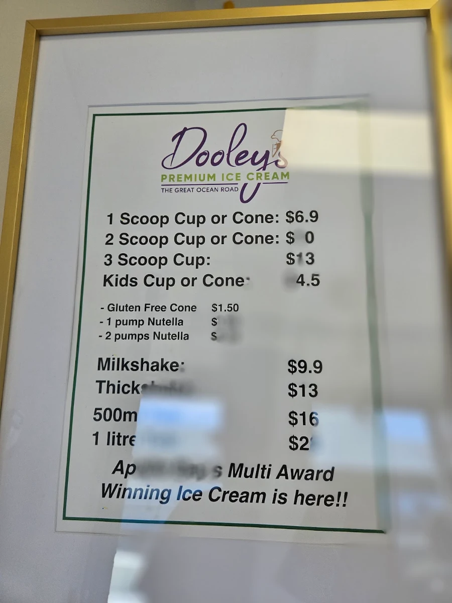 Menu, Dooley’s Premium Ice Cream