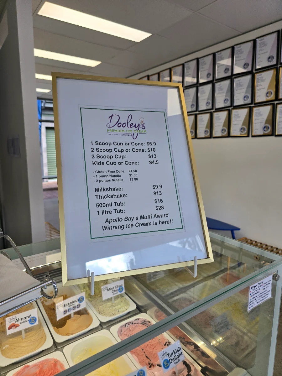 Menu, Dooley’s Premium Ice Cream