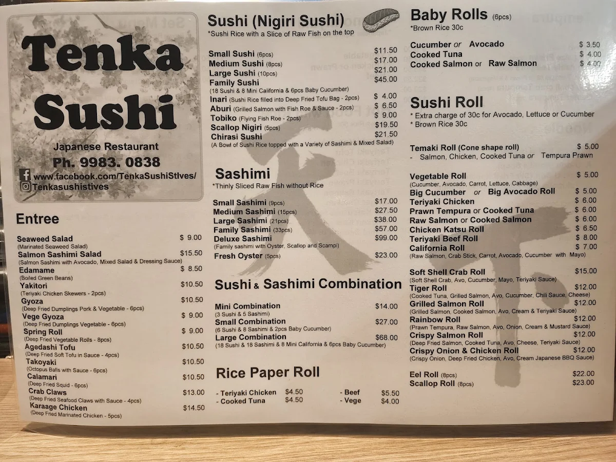Menu, Tenka Sushi