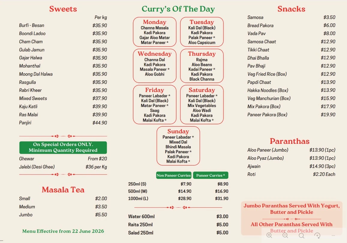 Menu, Daadi's Kitchen Parramatta