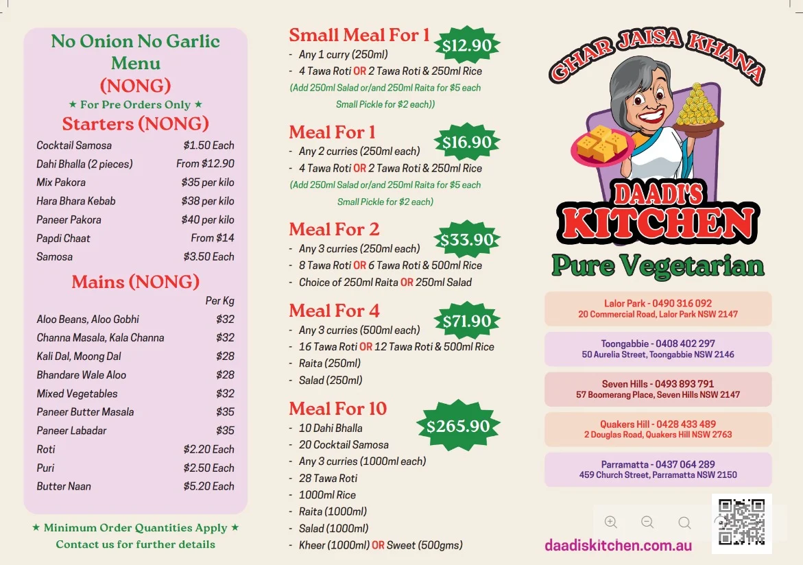 Menu, Daadi's Kitchen Parramatta