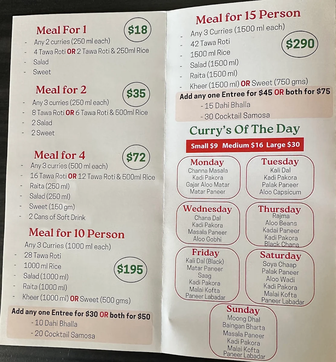 Menu, Daadi's Kitchen Parramatta