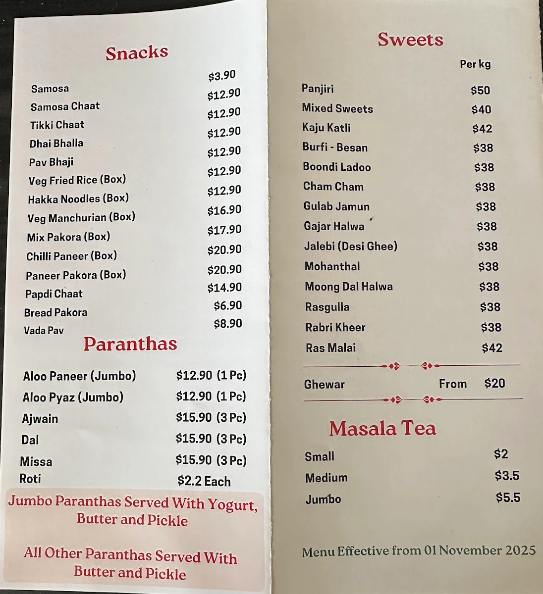 Menu, Daadi's Kitchen Parramatta