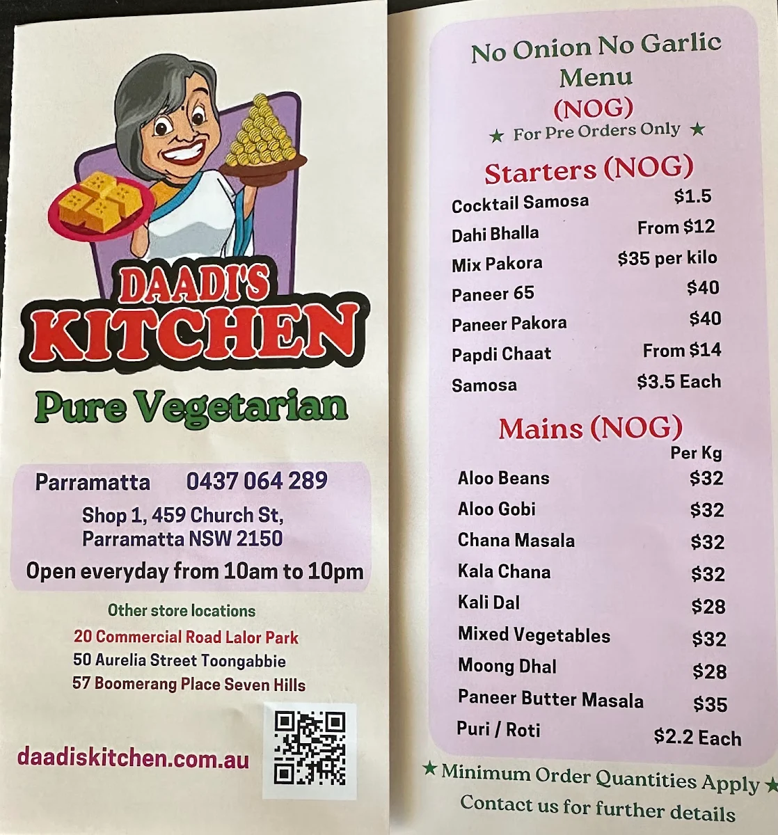 Menu, Daadi's Kitchen Parramatta