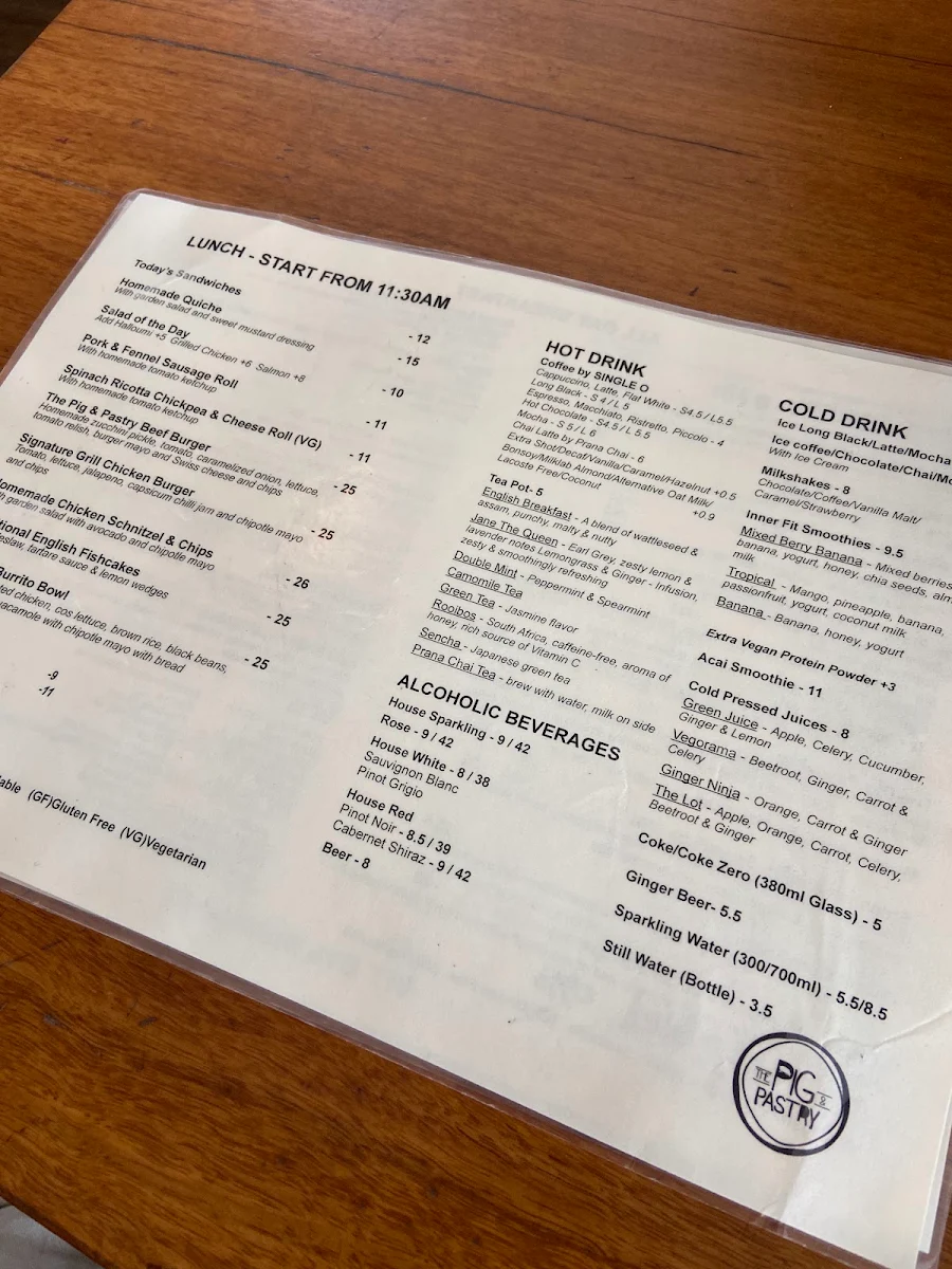 Menu, The Pig & Pastry