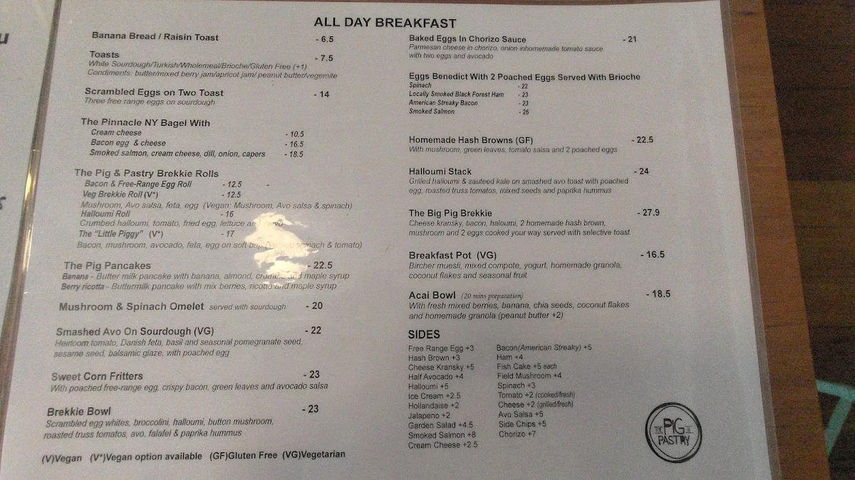 Menu, The Pig & Pastry