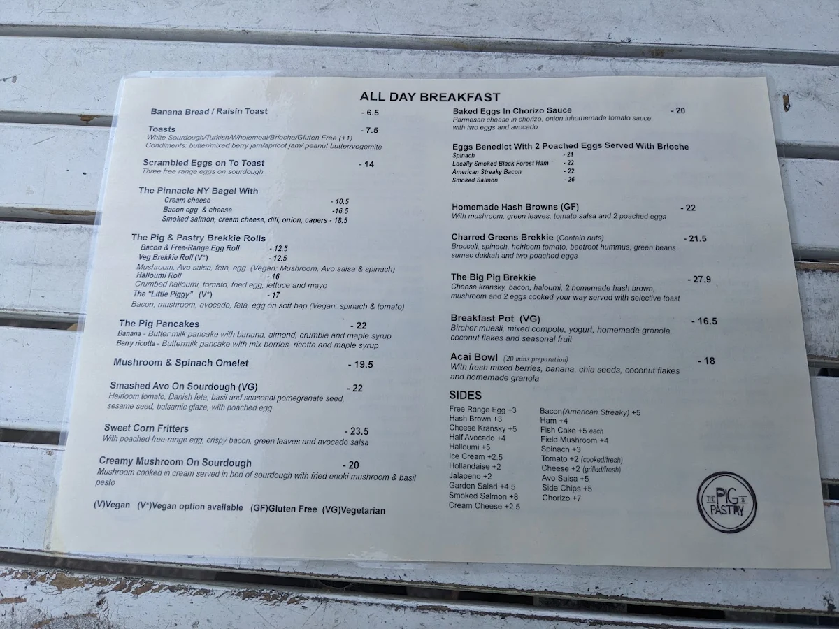Menu, The Pig & Pastry