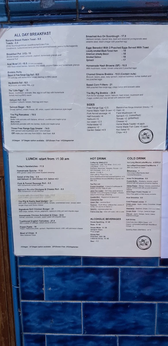 Menu, The Pig & Pastry